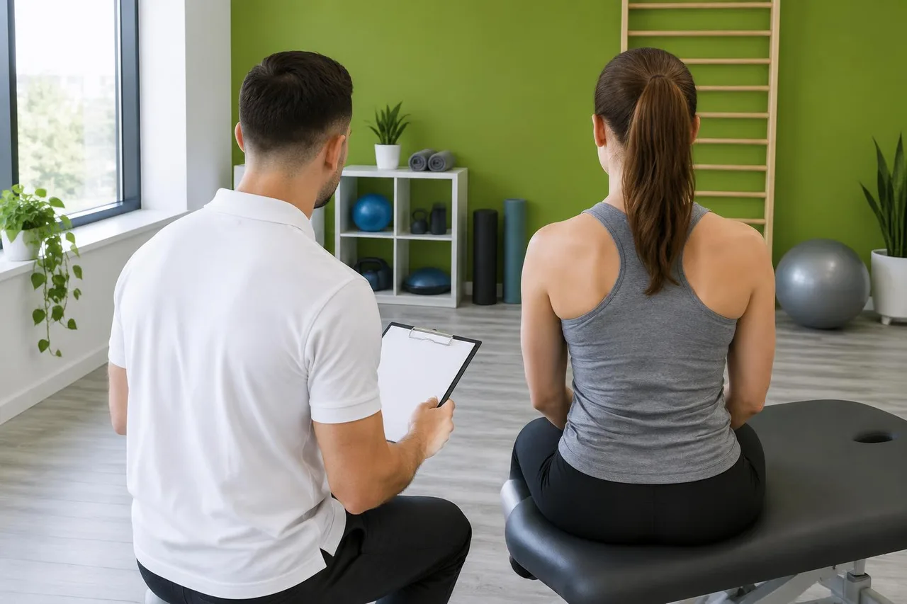 Physiotherapeut mit Klemmbrett im Befundgespräch mit einer Patientin – beide von hinten, Praxis mit grüner Wand