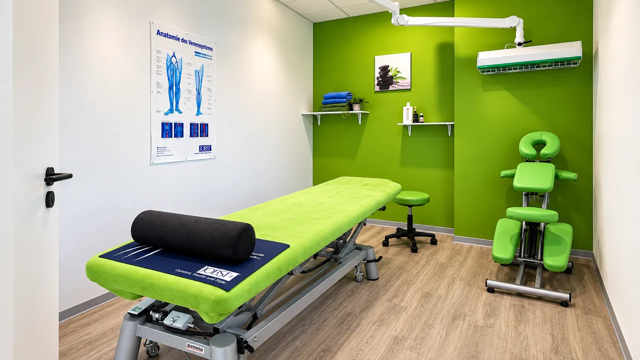 Behandlungsraum mit grüner Therapieliege, Massagestuhl und Behandlungsleuchte bei Physio-Concept Dortmund