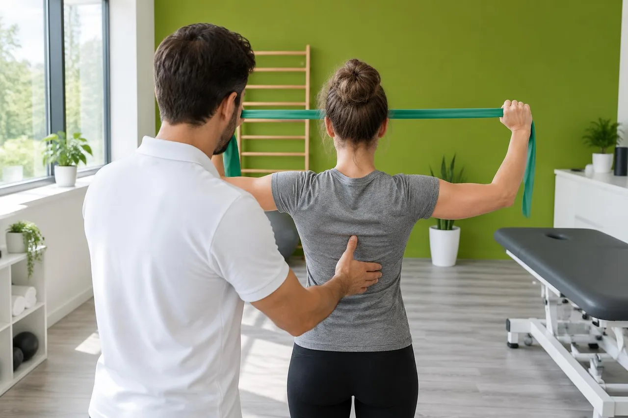 Physiotherapeut leitet eine Übung mit dem Theraband an – Therapeut und Patientin von hinten