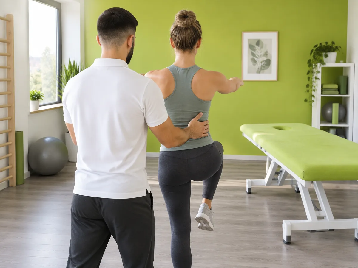 Physiotherapeut begleitet eine Patientin bei einer Bewegungsübung