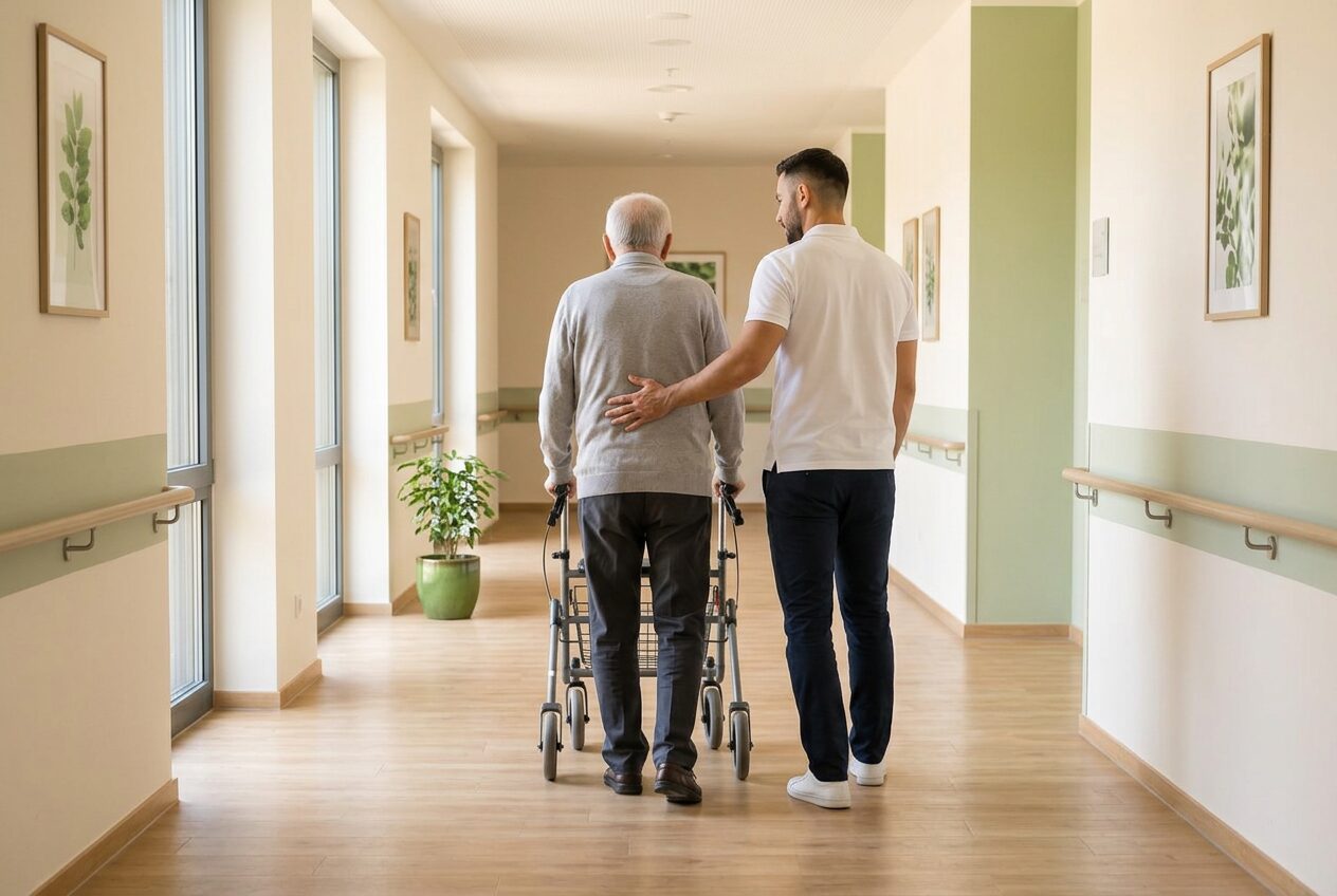 Physiotherapeutin übt mit einer Heimbewohnerin im Pflegeheim